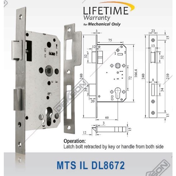 TERPERCAYA Mortise Lock Dekkson MTS IL DL8672 SSS / Body Kunci
