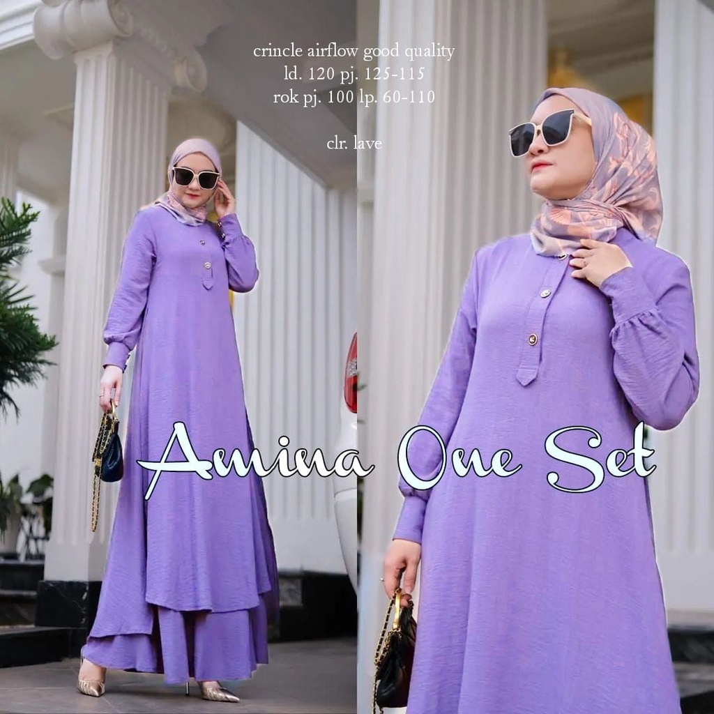 Baju Setelan Amina One Set Rok Jumbo Bahan Crinkle Airflow LD 120 TERBARU