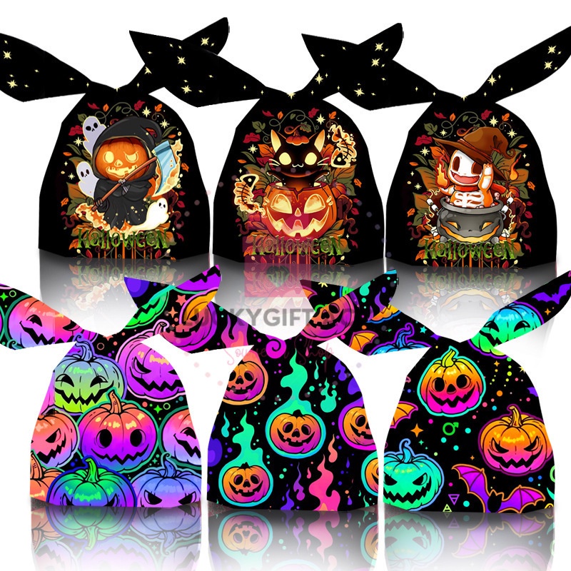 

(Nova) (50pcs) Plastik kemasan halloween Kantong Plastik Snack Halloween / Plastik Hadiah Motif Halloween