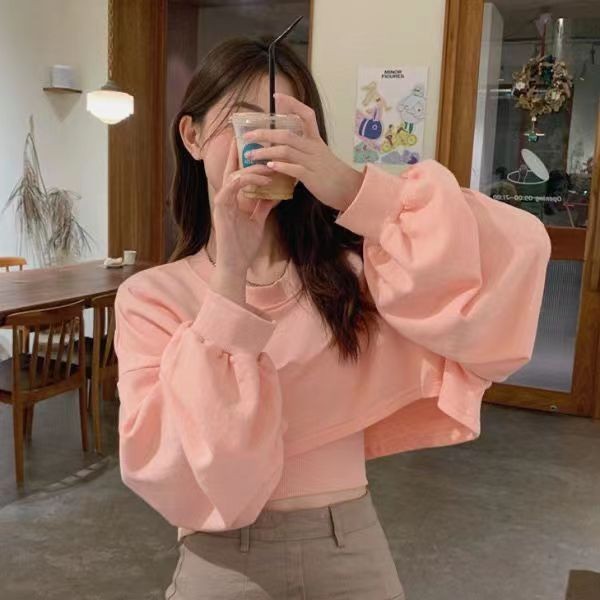 Korean two-piece set short hoodie women's versatile top