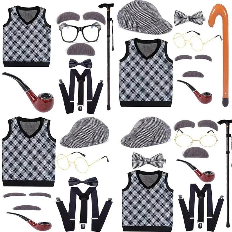 Kids 100 Days Of School Costume For Boys Grandpa Vest Wig And Beard Granny Dress Up Props Carnival P