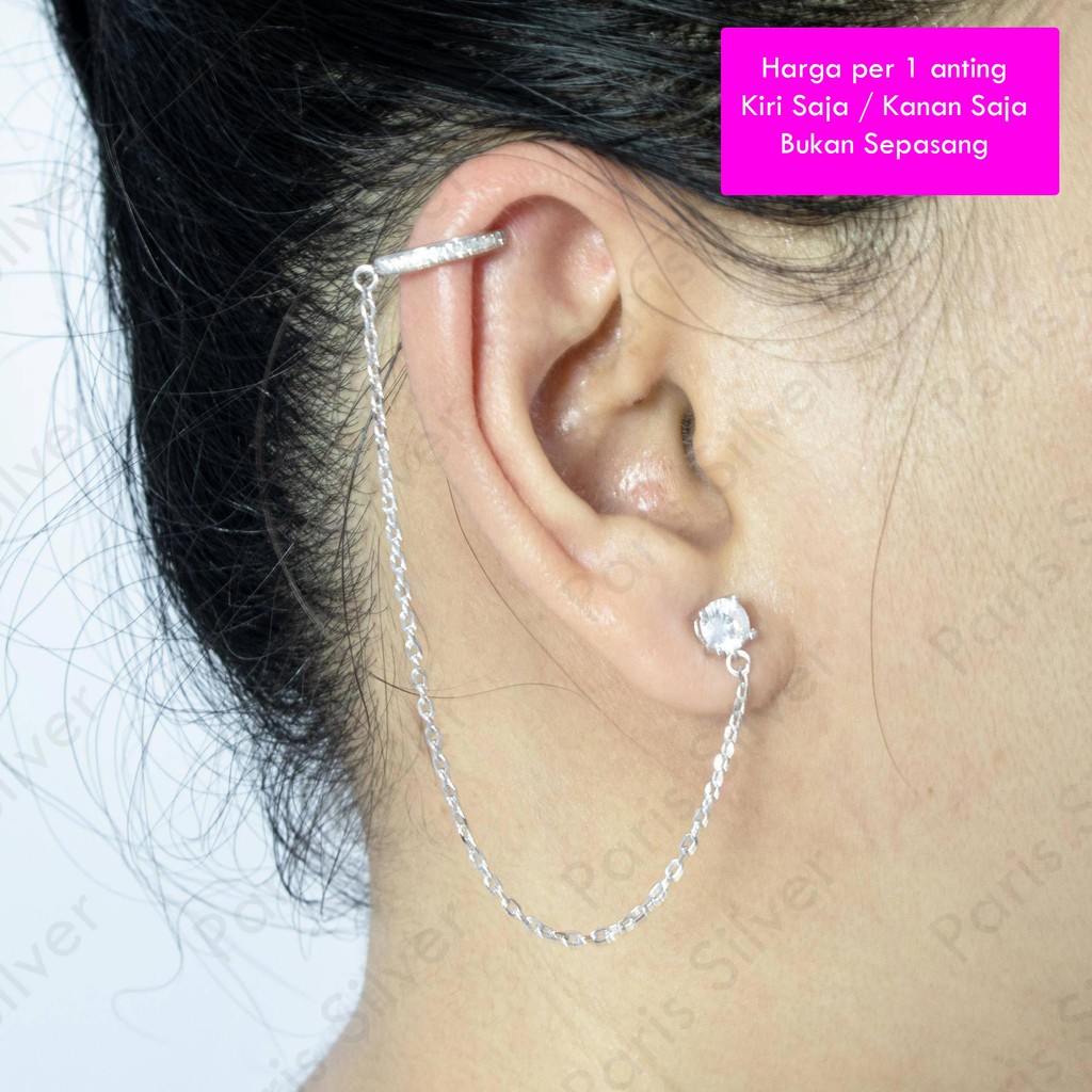 1 Buah Anting Piercing Tusuk Jepit Atas Kuping Perak Asli Silver 925 Lapis Emas Putih Wanita Korea E