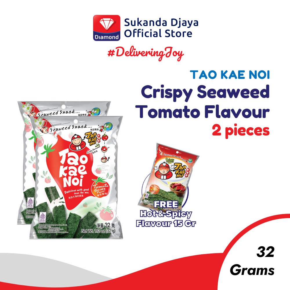 

Tao Kae Noi Crispy Seaweed Tomato Flavour 32 Gr ISI 2 [Free Hot & Spicy Flavour 15 Gr]