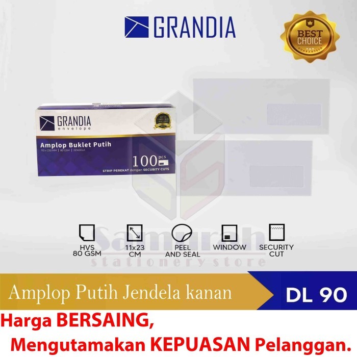 

Amplop Kertas Putih Grandia Kaca Kiri - Kanan 90 pps 11 x 23 cm 80 Gsm - Kaca Kanan+Lem