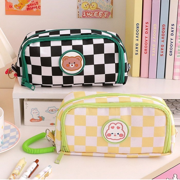 

Tempat pensil aesthetic pencil case box pensil korea organizer box pensil cute motif kotak kotak - Pink Purple