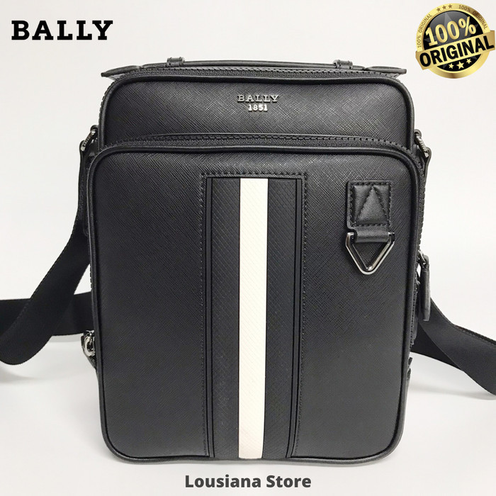 Bally Mackao Recycled Leather CrossBody Bag Black Stripe White