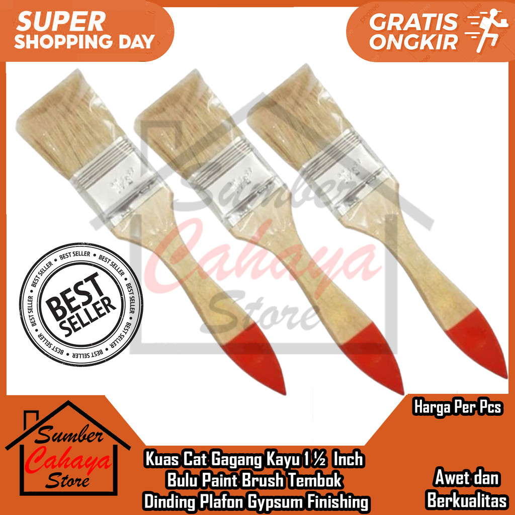 Kuas Cat Gagang Kayu 1½ Inch Bulu Paint Brush Tembok Dinding Plafon Gypsum Finishing Furniture Meluk