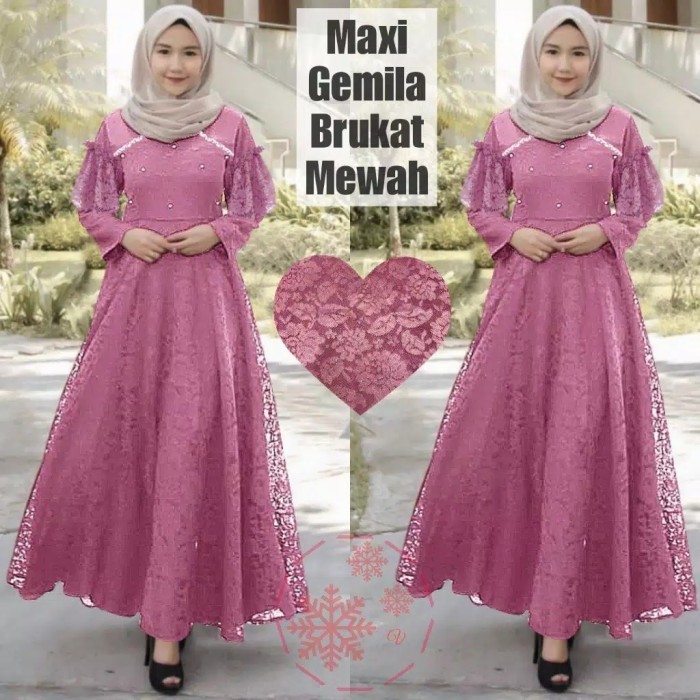 NEW -Gamis Brukat Mewah Ukuran S-XXL Baju Pesta Muslim Kualitas Premium - Ijo Botol, S/M