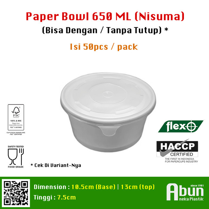 Paper Bowl 650 ML (Nisuma) Isi 50pcs - Tanpa Tutup