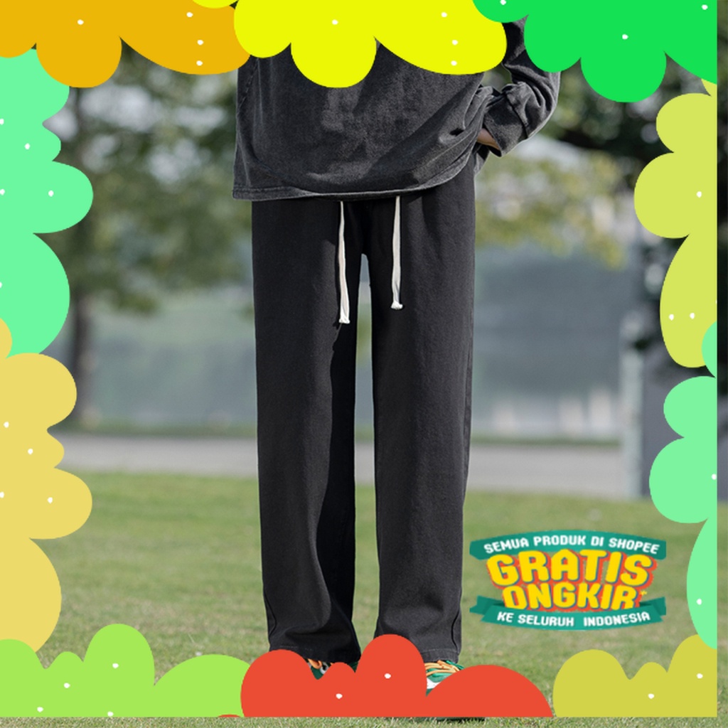 Jeans pinggang karet celana jeans pria ootd korean style kulot jumbo straight pants celana panjang c