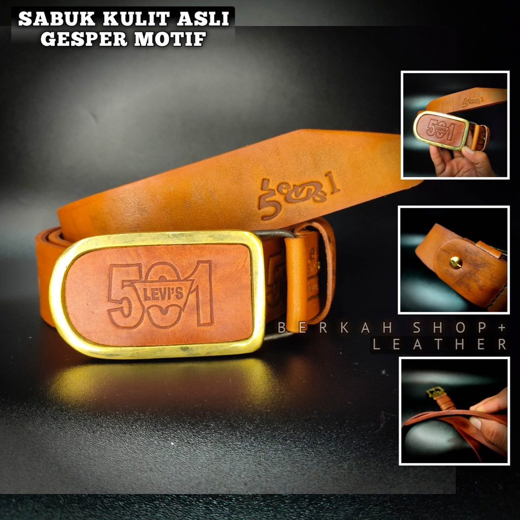 Sabuk Tali Ikat Pinggang Pria Kulit Asli Selapis Garut Original 100% Branded Gesper Motif Levis 501 