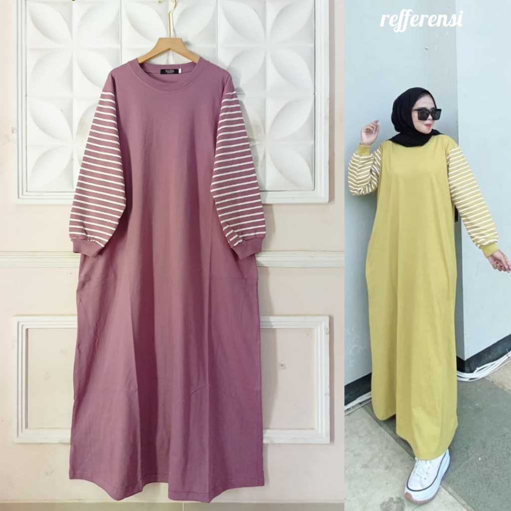 Gamis Jumbo Terbaru Ld 120 Lengan Strip Gamis Wanita Gamis Kaos Terbaru By Nabil