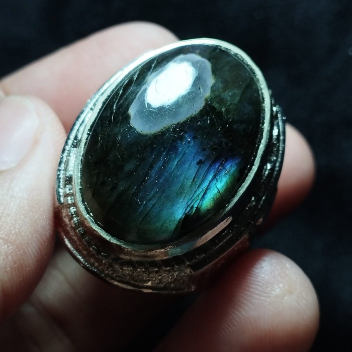Cincin Batu Akik Natural Labrador Gambar Motif Hijau Biru Unik Antik 1