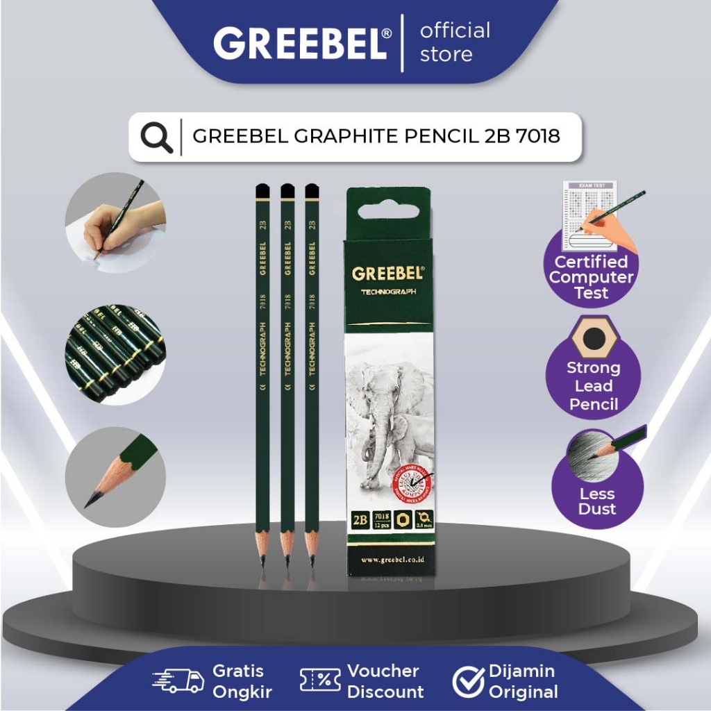 

GREEBEL Pensil Pencil Kayu/Grafit/Graphite 2B 7018 - Pensil Ujian 2B Greebel