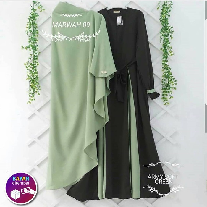 best -Marwah Gamis Set Hijab Baju Muslim Original Gamis Syari Casual - NAVY