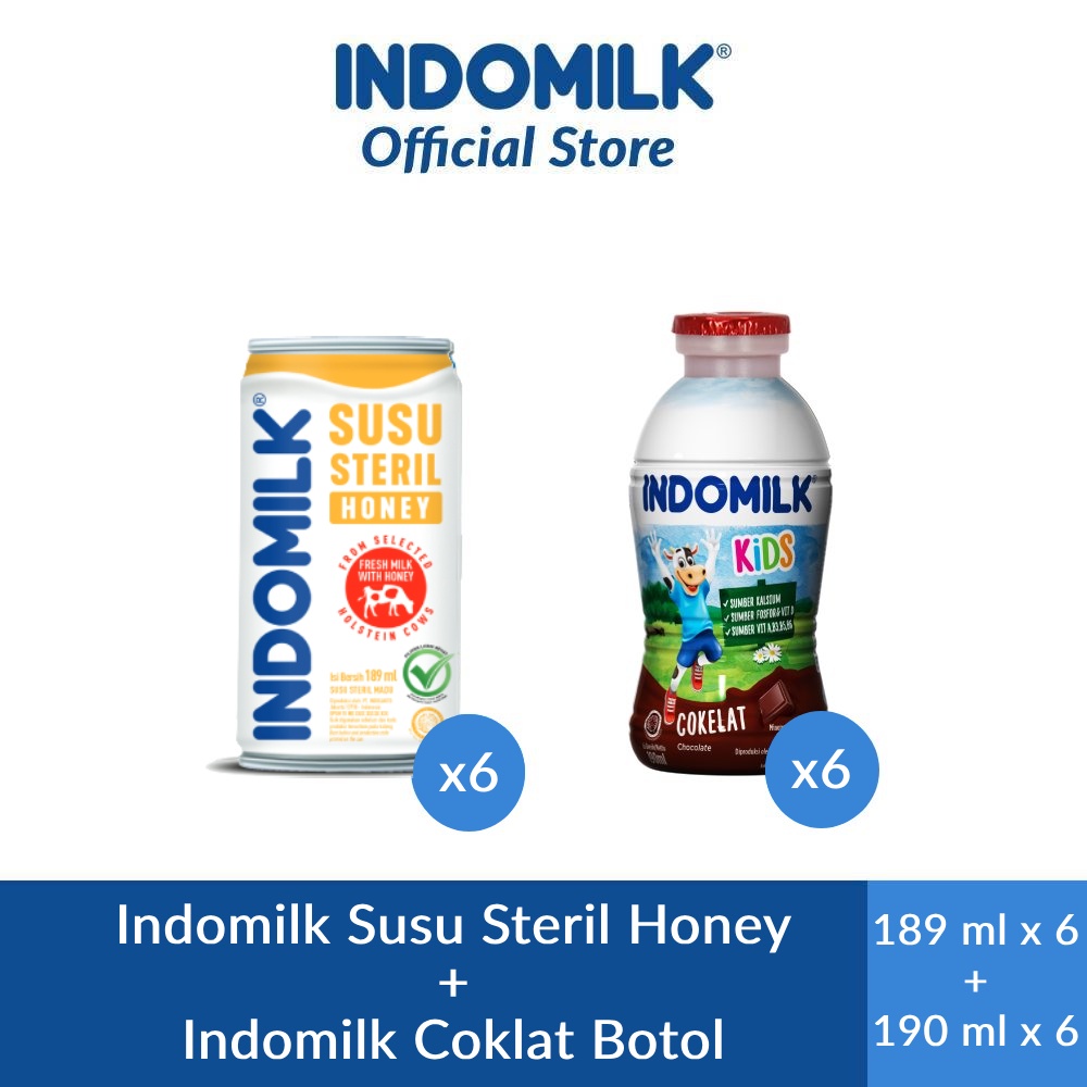 

Indomilk Susu Steril Honey 189 ml x 6 + Indomilk Coklat Botol 190 ml x 6