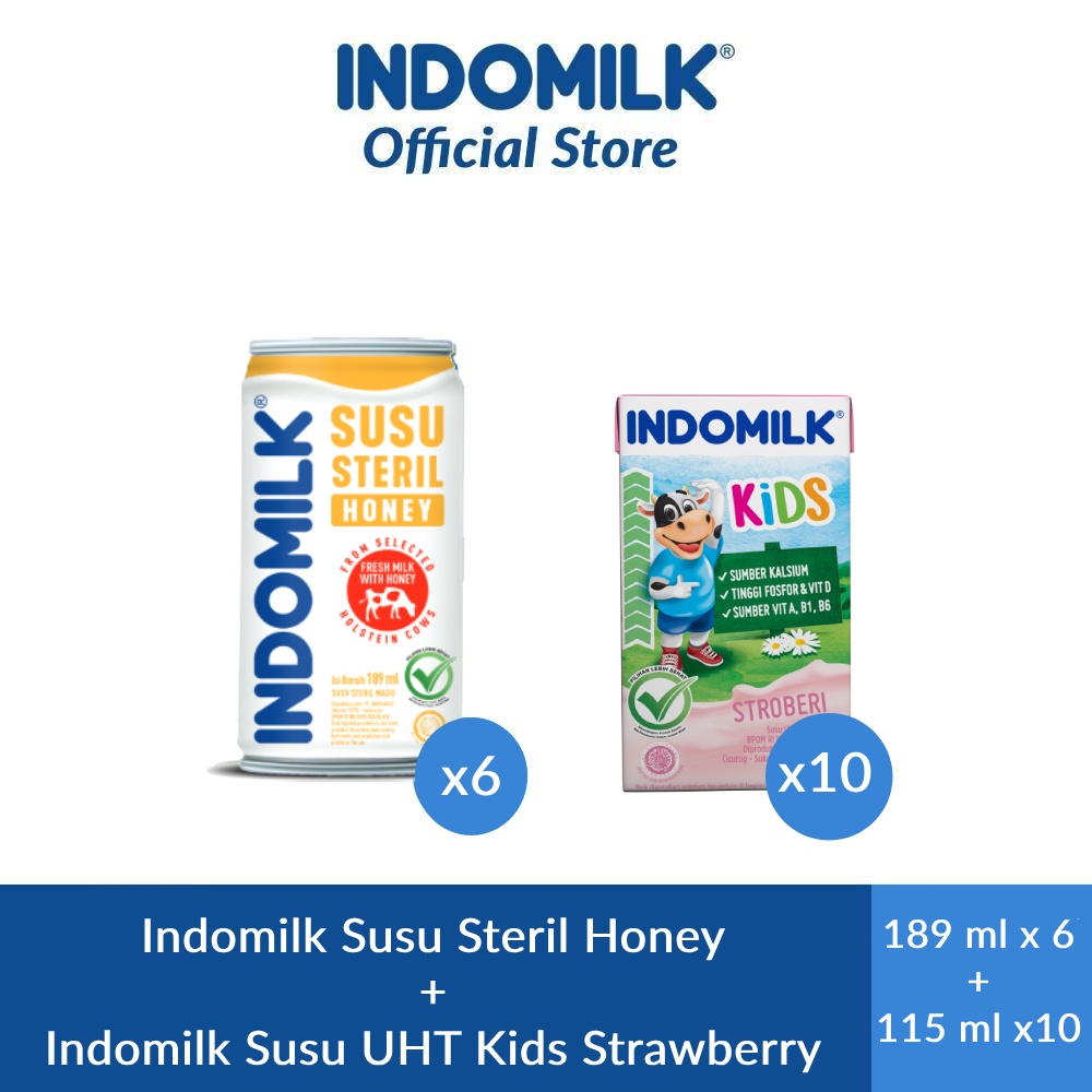 

Indomilk Susu Steril Honey 189 ml x 6 + Indomilk Kids Strawberry UHT 115 ml x10