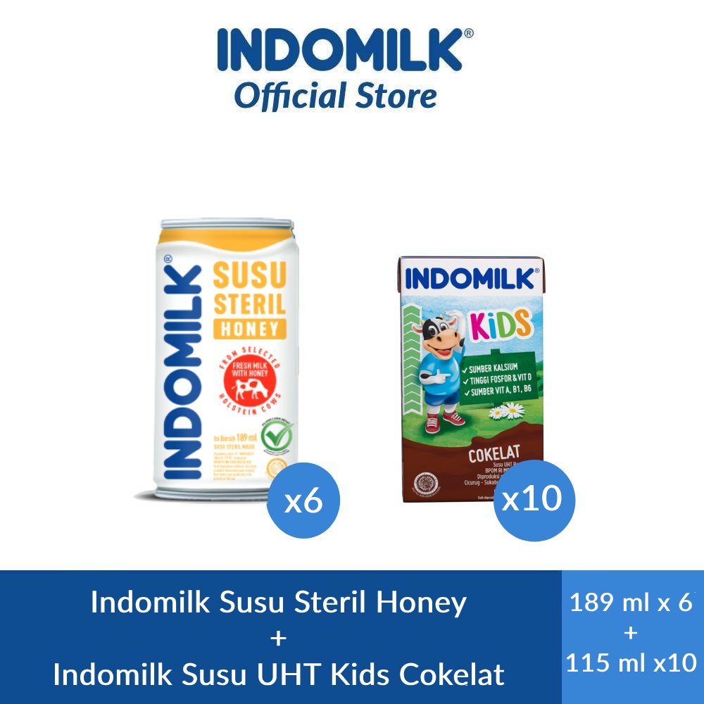 

Indomilk Susu Steril Honey 189 ml x 6 + Indomilk Kids Cokelat UHT 115 ml x 10
