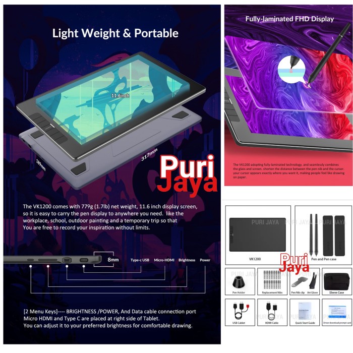 VEIKK VK1200 Drawing Display Graphic Monitor Passive Pen Tablet Gambar