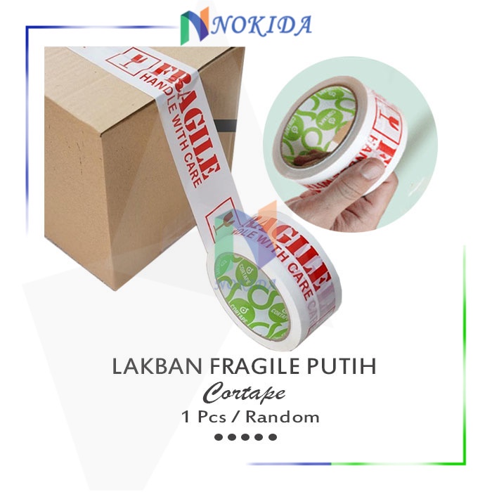 Nokida Lakban Fragile Putih 48 Mm / Solasi Merk Cortape / Selotip Jangan Di Banting / Solasiban Besa