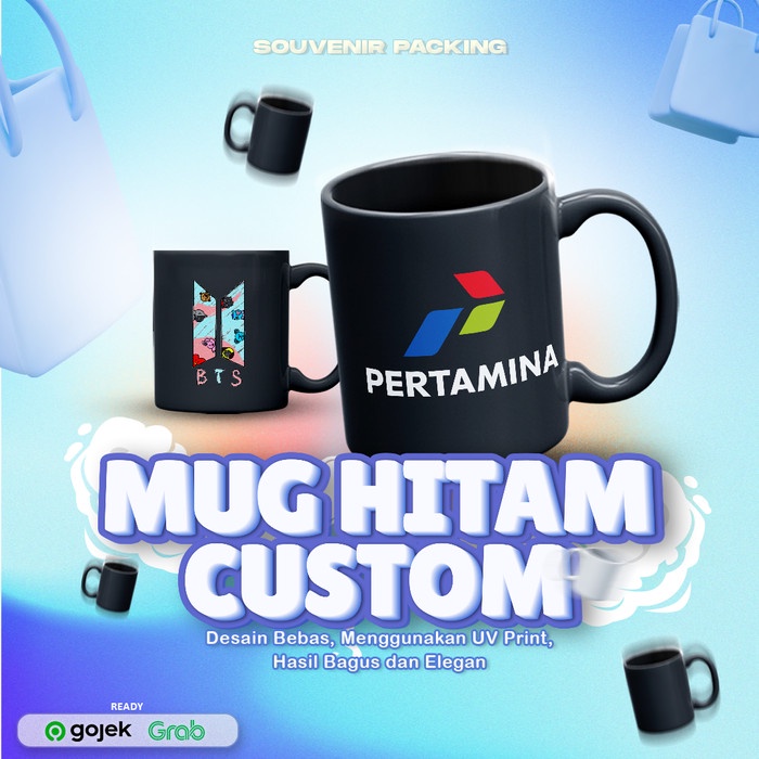 MUG HITAM CUSTOM SABLON - Tanpa bubble, 1 sisi