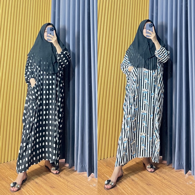 SET BERGO KOMBINASI SET HIJAB KAFTAN RAYON MOTIF PREMIUM