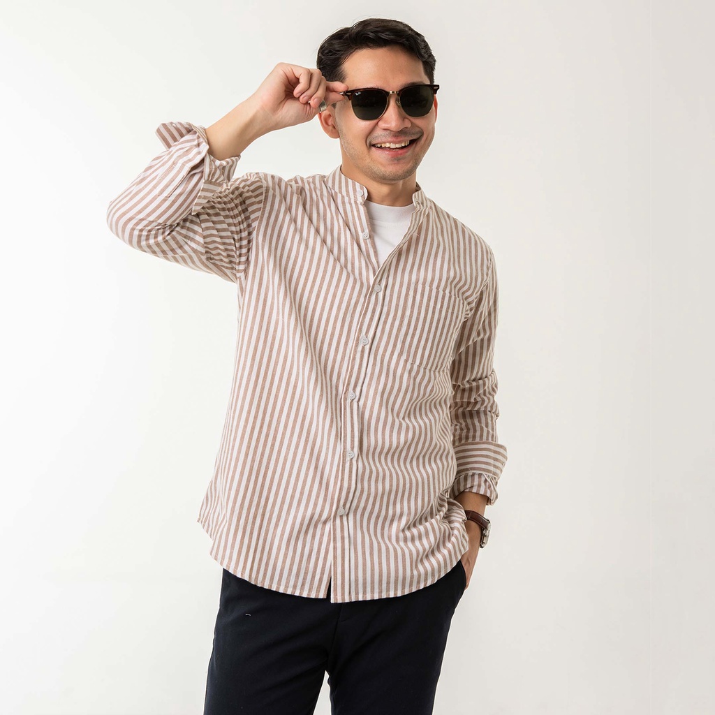 Kemeja Pria Garis WOODCUTTER Collarless Butcher Stripe Kerah Shanghai - Brown Lengan Panjang