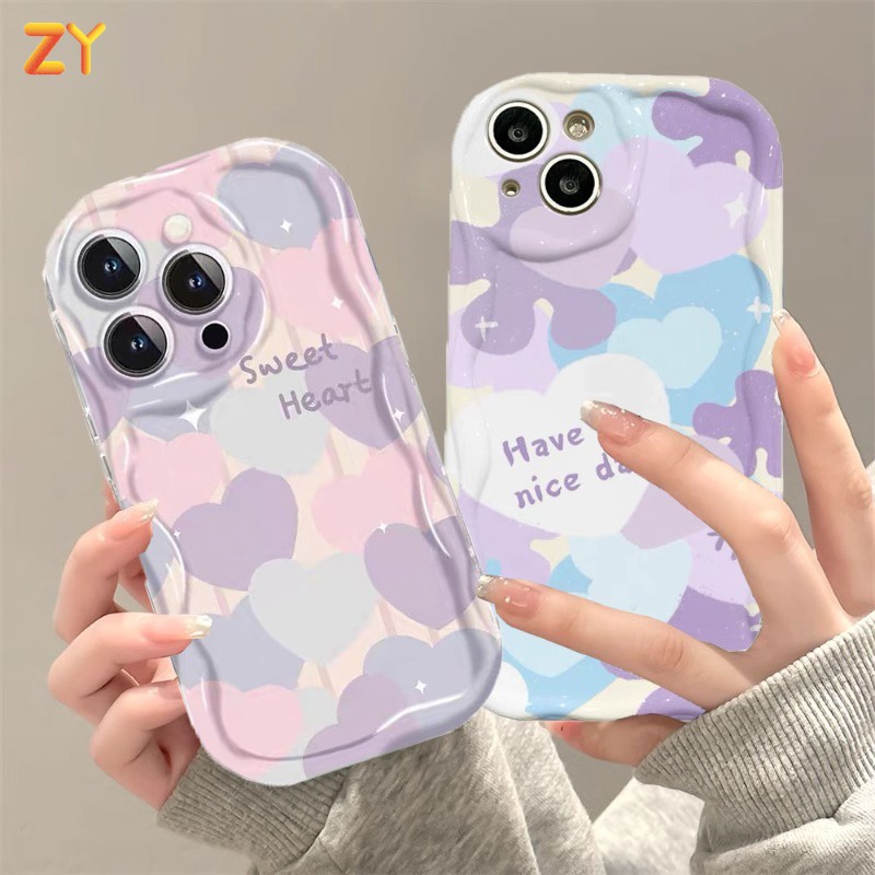 Casing hp Oppo A18 A38 A17 A17k A16 A16s A54s A5s A12 A9 A3S A54 A1K A7 A77s A16K A16E A57 2022 A15 A15s A52 A92 A31 A53 Reno 8T 5F Purple Love shaped 3D Soft Wave Edge TPU Phone Case Cover ZeroYang