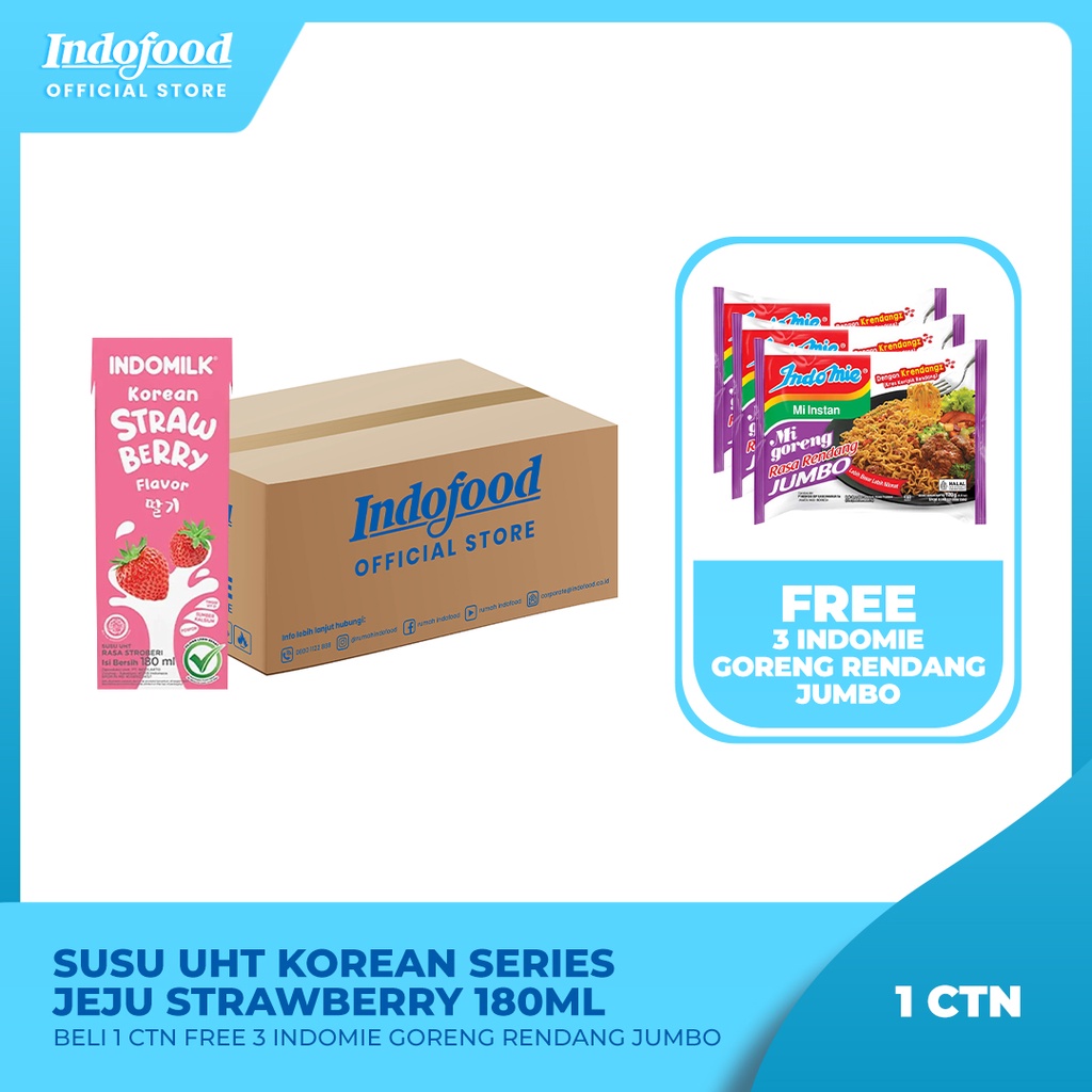 

1 ctn - Indomilk UHT Korean Strawberry 180mL Free 3 pcs Indomie Goreng Rendang Jumbo