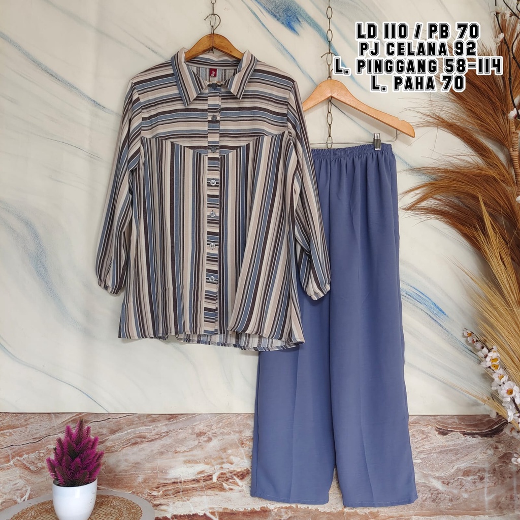 Setcel Kemeja Salur Setelan Celana Bahan Crincle airflow motif garis - salur