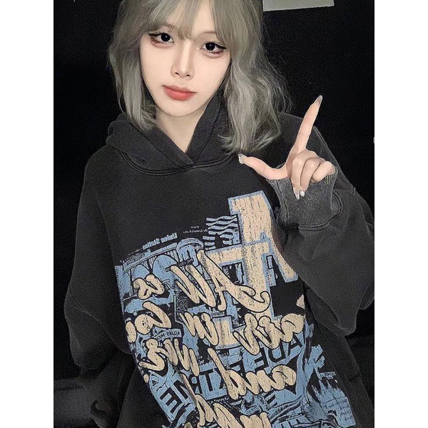 Graffiti print distressed washed hoodie