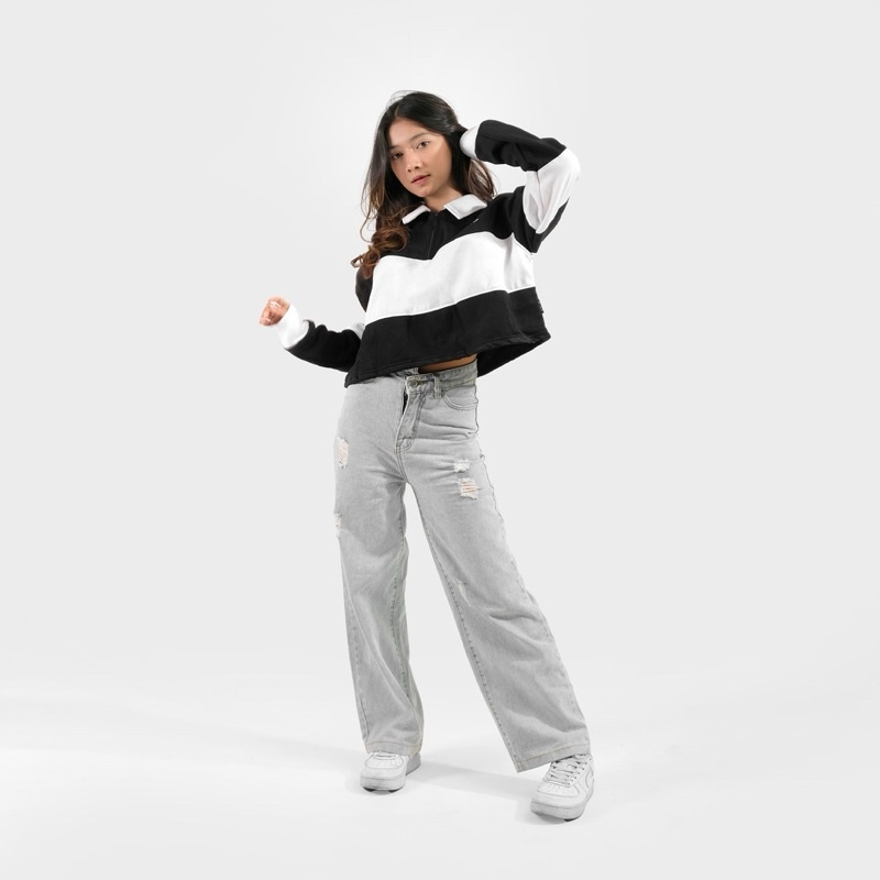 PHOMPPHIESS PHMPS Sweater Rugby Crop Vintage Hitam Stripe Putih