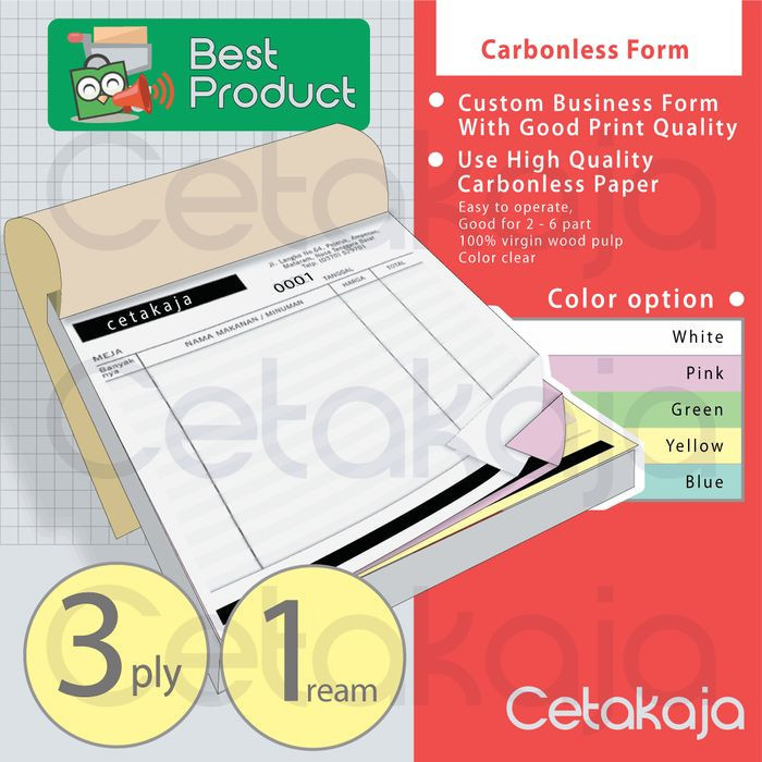 

CETAK NOTA 1 RIM 3 PLY / RANGKAP ( Custom NCR INVOICE BON ) 3ply 1rim