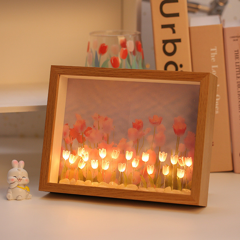 DIY Cloud Mirror Tulip Lamp Simulation Flower Photo Frame Bedroom Sleeping Lamp Handmade Craft Tulip