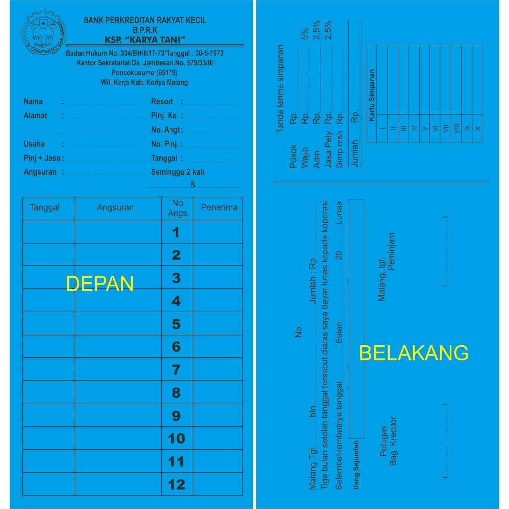 

Kartu Angsuran Koperasi / Kartu Pinjaman Koperasi Mingguan Custom