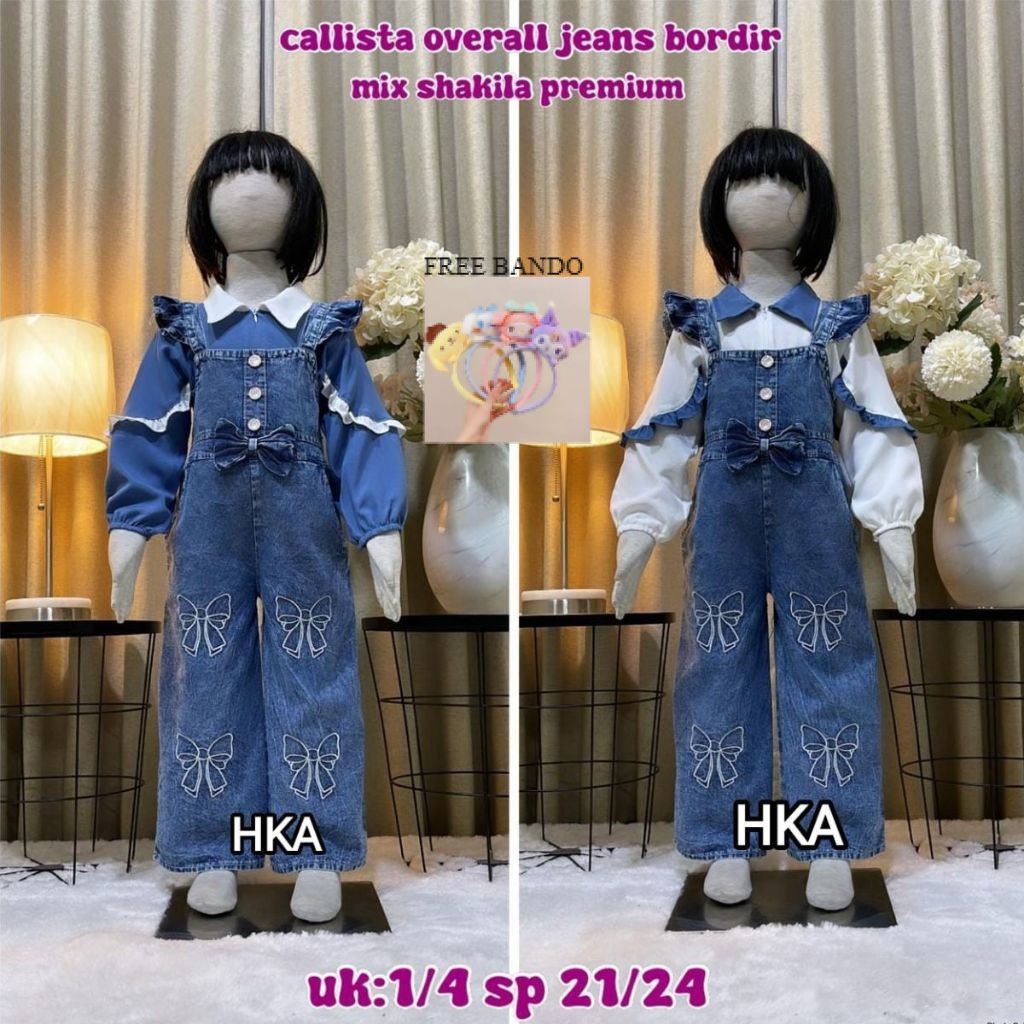 ( Free Bando Karakter ) Stelan Baju Anak Perempuan Korean Style Chalista Overall Jeans Bordir Mix Sh