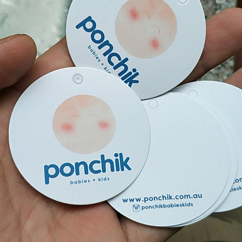 

500PCS Custom 400GSM white coated paper tags 5 cm diameter round swing Hang tag for baby clothing