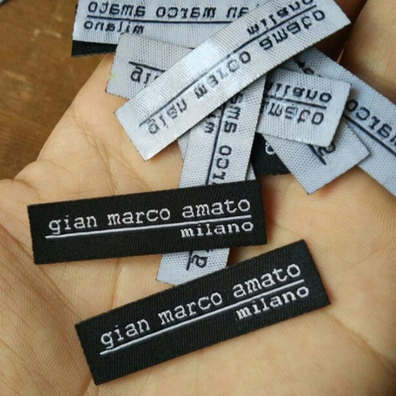 

500pcs Custom Hot iron on Black woven label Straight cut hot melt glue heat press cloth Labels
