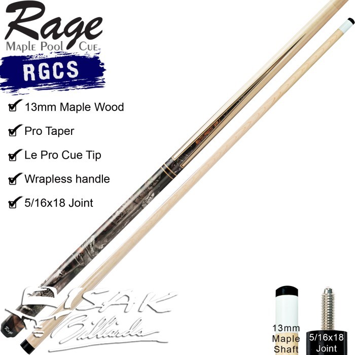 Rage RGCS Pool Cue - 13 mm Maple Billiard Stick Stik Biliar Players