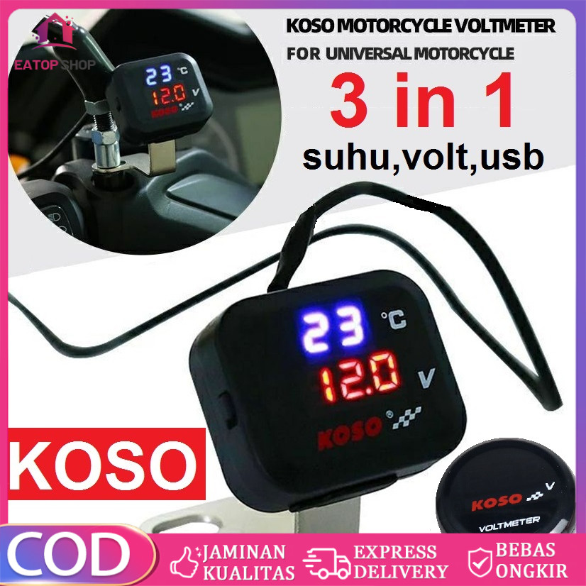 Voltmeter Koso 3 In 1 USB Charger Universal SEMUA MOTOR Anti Air Original Termometer Digital Jam Suh