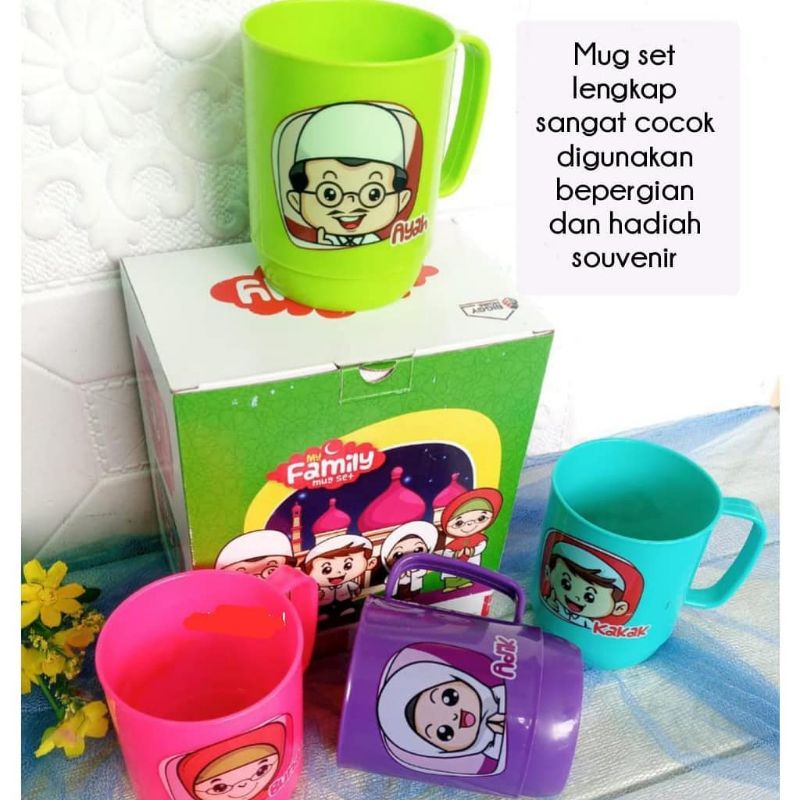 Gelas Mug Family Set Cangkir Anak Plastik Tebal Custom Karakter Ayah Bunda Kaka Adik Lucu Murah