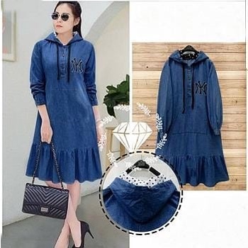 Blouse Wanita Tunik Jeans Selutut Kancing Depan Hodie Hoodie Kekinian