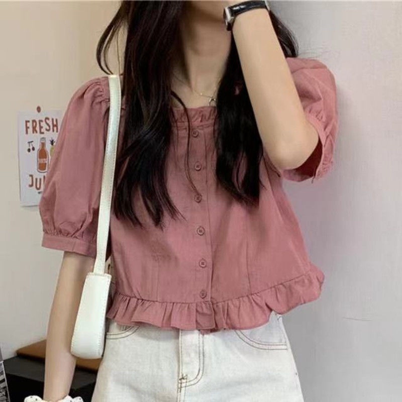 ROSELLA Collar Atasan Pendek Longgar Lengan Puff Lengan Kemeja Short Blouse SMLXl Putih Pink Oranye