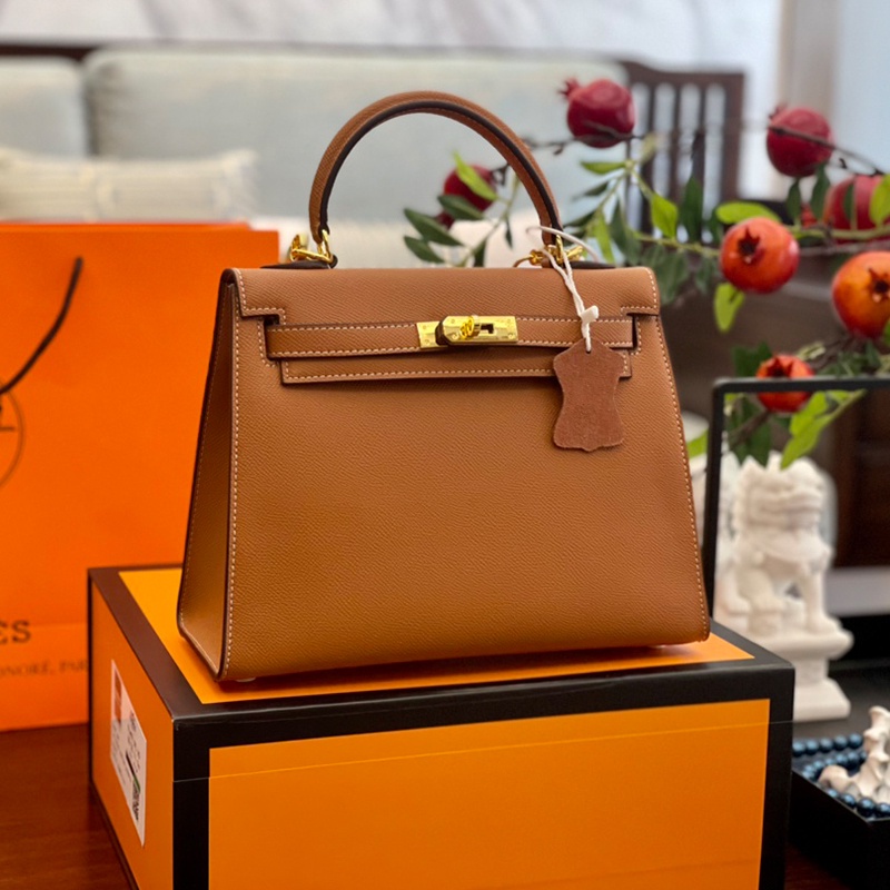 

(Original) 2023 New (with Box) Kelly 25 Handbag Cross Grain Cowhide Gold Buckle Women's Fashion Temperament Shoulder Bag