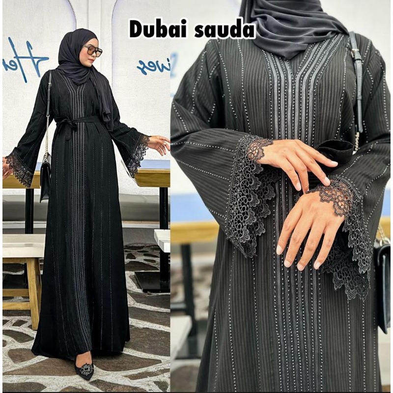 Abaya Gamis Hitam Maxy Dress Fashion Muslim Busana Wanita Turkey Murah Dubai Embos Salur Swarosky SAUDA New Arrival Jubah Nyaman
