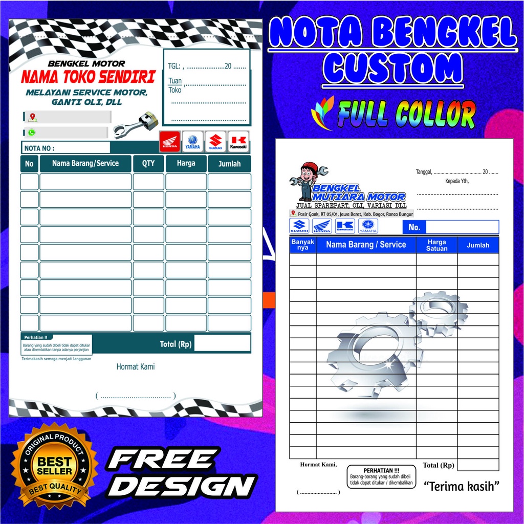 

Nota Bengkel 1/4 1 Ply (isi 50 lembar) Gratis Desain Bebas Nama Sendiri Y&H Yudha Grafika