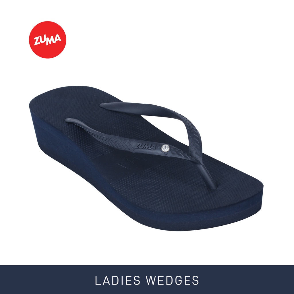 Zuma Women Tiffany 3 Navy, Sandal Jepit Wanita Wedges Karet Polos, Biru Tua