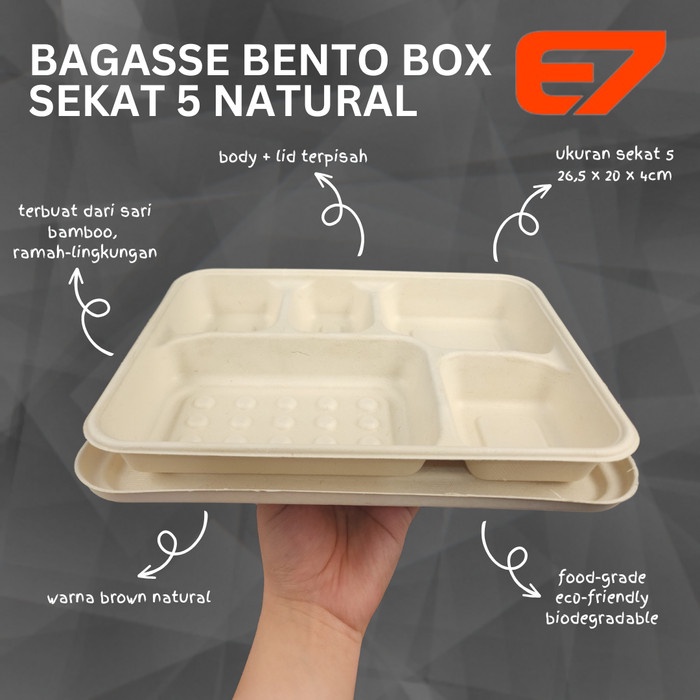 Bagasse Bento Box Sekat 5 Natural - Kotak Bento, Bagasse Lunch Box (5pcs)