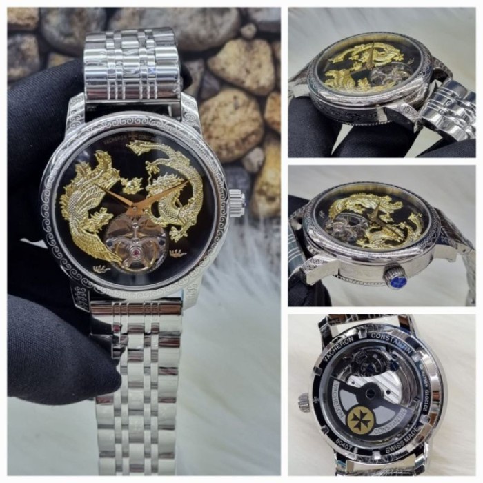 JAM TERMURAH SELLY JAM TANGAN PRIA DRAGON TURBILON RANTAI SILVER AUTOMATIC 43MM