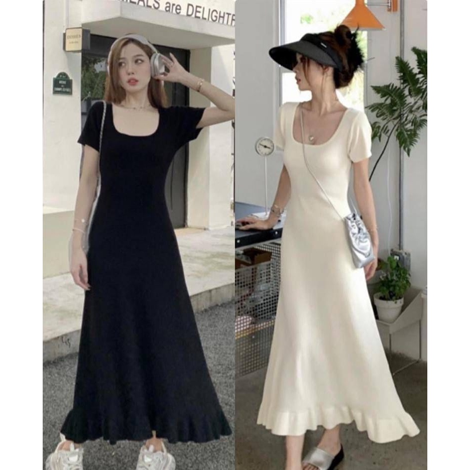 20380 DRESS RAJUT DUYUNG PREMIUM WANITA POLOS LEHER U NECK TANGAN PENDEK DRESS BASIC MODEL DUYUNG PO